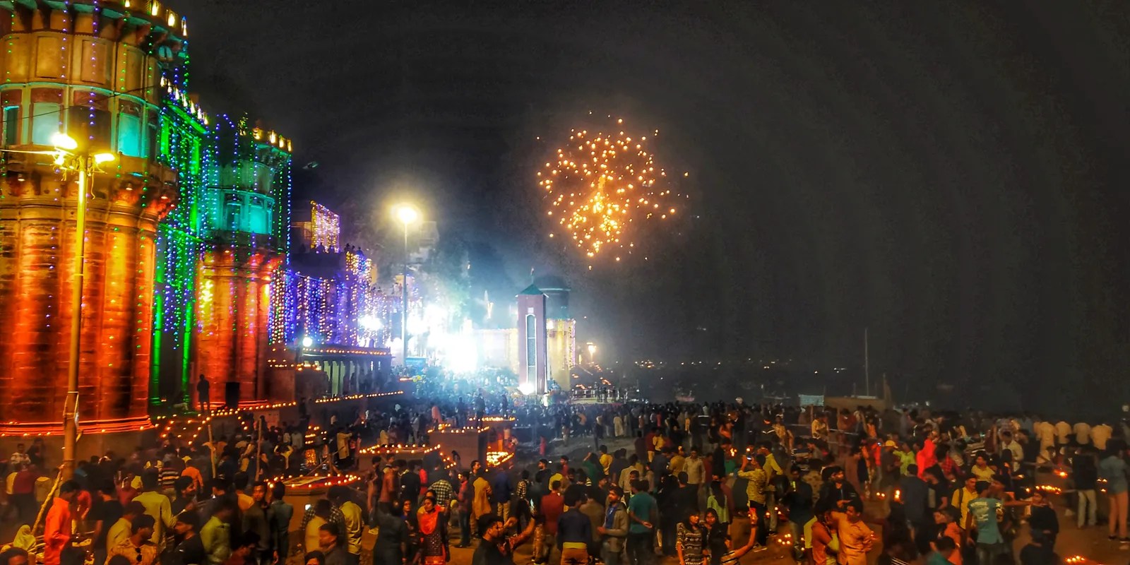 Lamps and fireworks above the Varanasi ghats during Dev Diwali